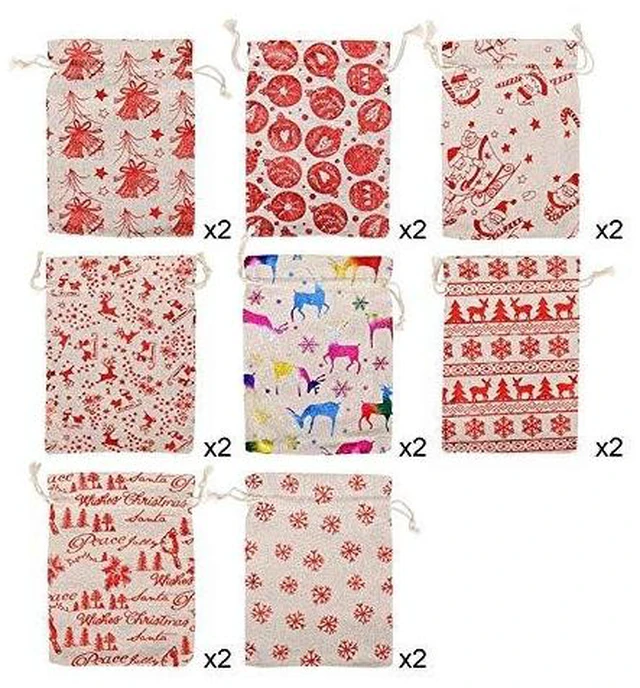 Alt view image 3 of 7 - Christmas Drawstring Goody Bags Set (16 Pcs, Jute/Burlap Material), Mini Reusable Treat Pouches for Holiday Jewelry, Crafts & Candy Favors