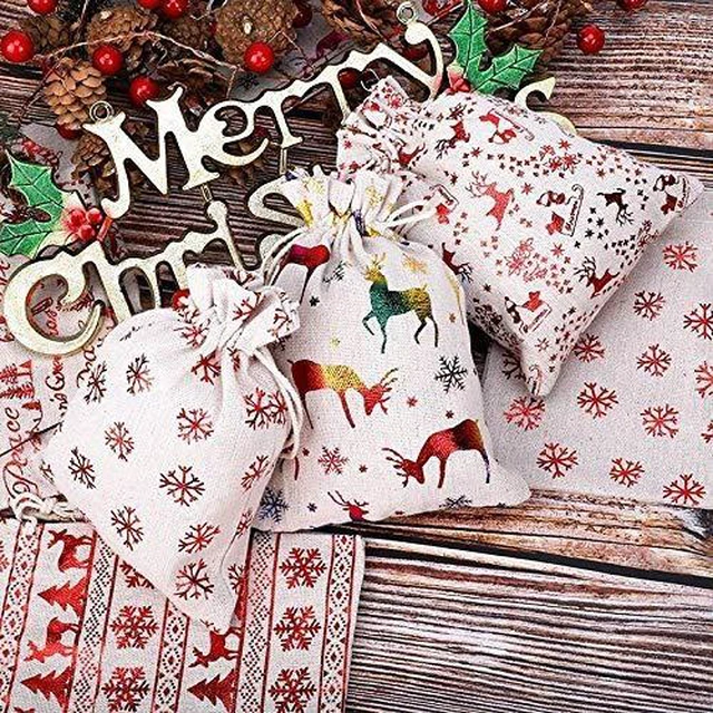 Alt view image 5 of 7 - Christmas Drawstring Goody Bags Set (16 Pcs, Jute/Burlap Material), Mini Reusable Treat Pouches for Holiday Jewelry, Crafts & Candy Favors