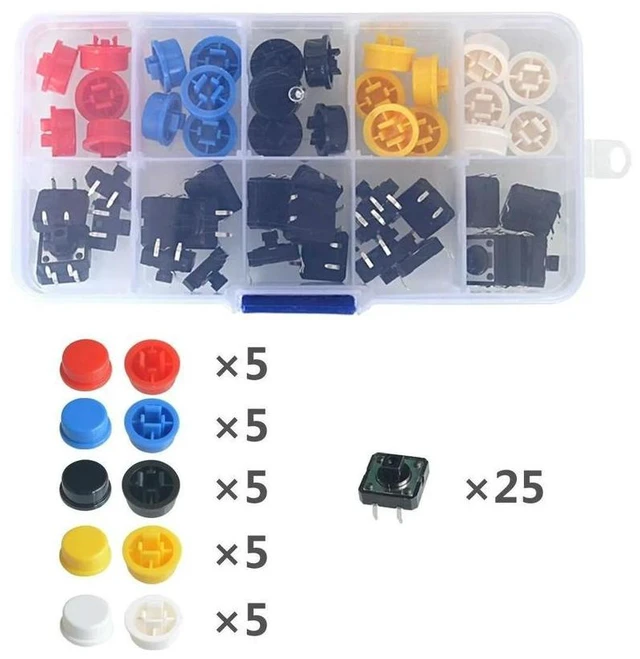 Main image of 25PCS Tactile Momentary Module Button Momentary 12*12*7.3MM Micro switch button + 25PCS Tact Cap(5 colors)