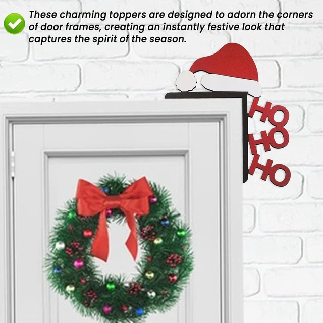 Alt view image 4 of 7 - Wooden Christmas Door Frame Corner Sign - Holiday Festive Decoration, Reversible Left/Right Design, Damage-Free Mount, 8 x 8 Inches