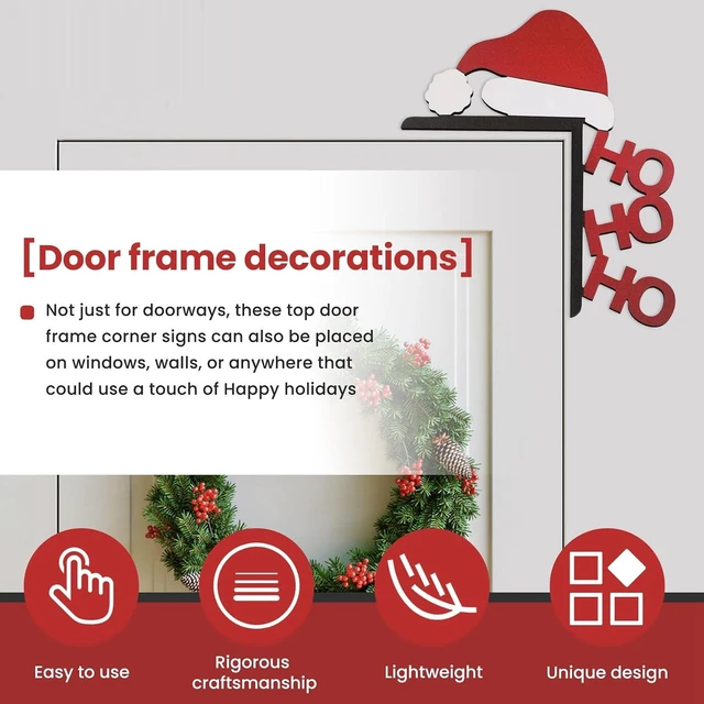 Alt view image 5 of 7 - Wooden Christmas Door Frame Corner Sign - Holiday Festive Decoration, Reversible Left/Right Design, Damage-Free Mount, 8 x 8 Inches