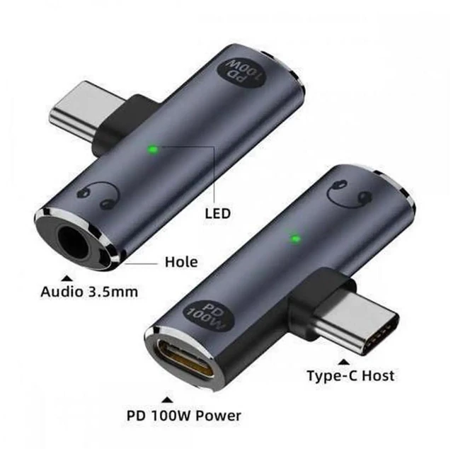 Alt view image 3 of 7 - USB C Type C to 3.5mm Audio DAC Adapter Headphone Earphone Jack Converter Dual Port 100W PD Power Fast Charging Splitter 16Bit 48kHz AUX Stereo Sound For Laptop Tablet Smartphone Music Calling
