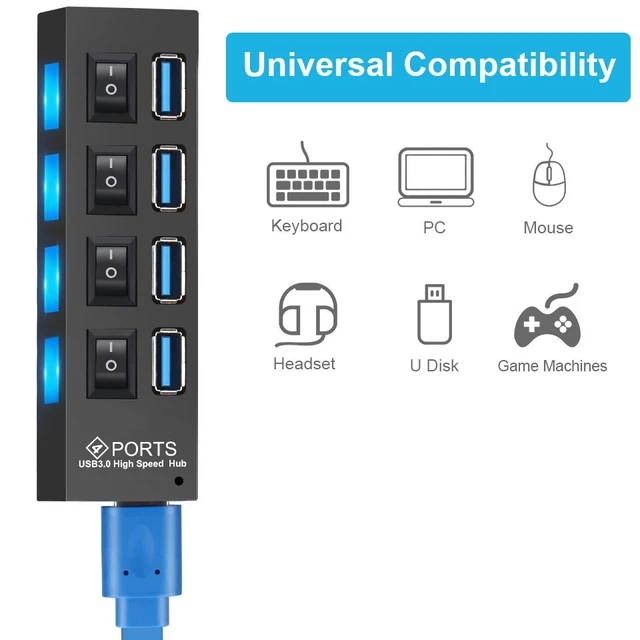 Alt view image 2 of 4 - 4 Port USB 3.0 Hub Powered USB Data Splitter Extender Aluminum Alloy Multiport Adapter With Individual On Off Power Switches 5Gbps High Speed Fast Sync For PC Laptop Desktop Computer Systems