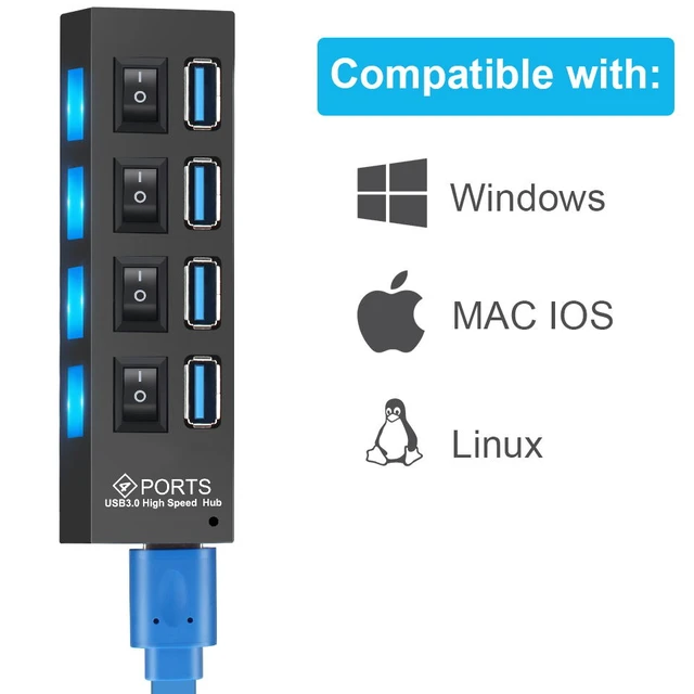Alt view image 4 of 4 - 4 Port USB 3.0 Hub Powered USB Data Splitter Extender Aluminum Alloy Multiport Adapter With Individual On Off Power Switches 5Gbps High Speed Fast Sync For PC Laptop Desktop Computer Systems