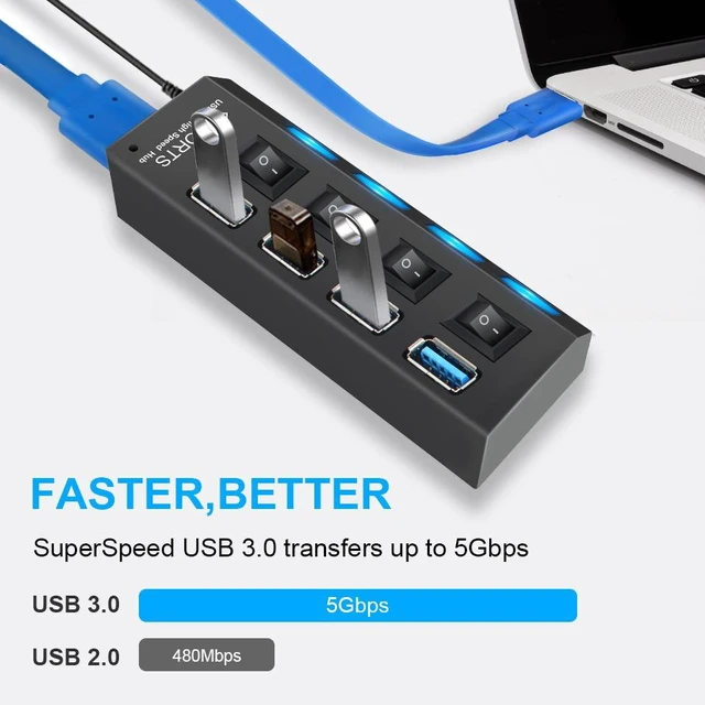 Main image of 4 Port USB 3.0 Hub Powered USB Data Splitter Extender Aluminum Alloy Multiport Adapter With Individual On Off Power Switches 5Gbps High Speed Fast Sync For PC Laptop Desktop Computer Systems