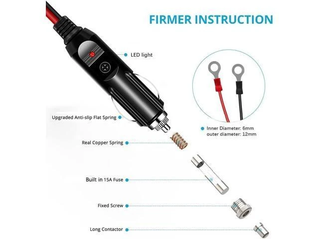 Alt view image 4 of 6 - Heavy Duty Car Cigarette Lighter Male Plug Replacement Cable - 14AWG Pure Copper, 12V/24V, Built-in 15A Fuse & LED Indicator, 3 FT (1m)