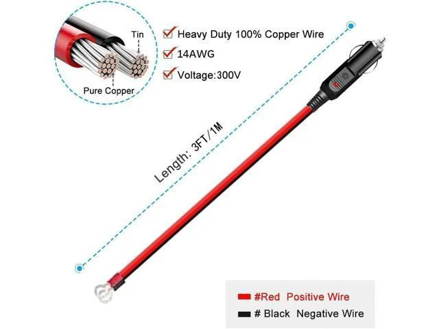 Alt view image 5 of 6 - Heavy Duty Car Cigarette Lighter Male Plug Replacement Cable - 14AWG Pure Copper, 12V/24V, Built-in 15A Fuse & LED Indicator, 3 FT (1m)
