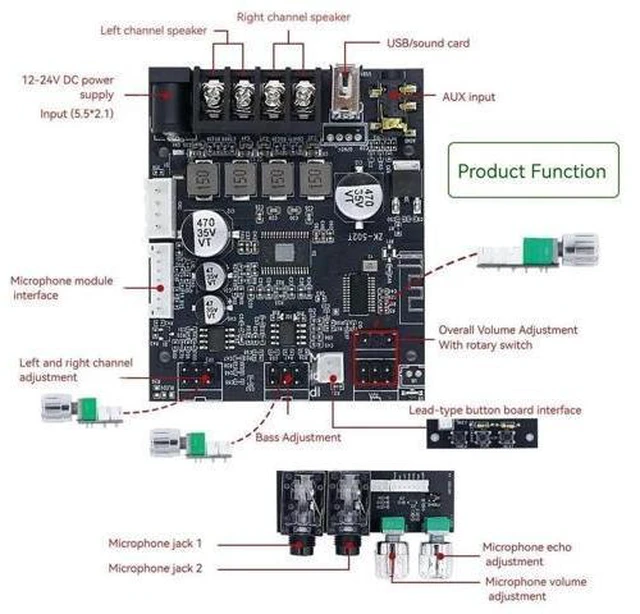 Alt view image 6 of 6 - ZK-502T Bluetooth Amplifier Board 50W+50W 2.0Channel TPA3116D2 With Dual Mic Echo/Subwoofer Output Digital Power Amplifier Board