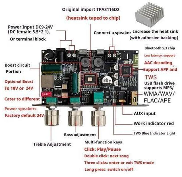 Alt view image 3 of 3 - 100W Mono Bluetooth Digital Amplifier Board - Class-D Single Channel Audio Amp, TWS Pairing, Treble & Bass Control, DC 12-24V
