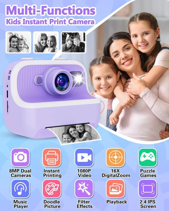 Alt view image 2 of 7 - Kids Instant Print Digital Camera - 1080P HD Dual Lens, Zero Ink Thermal Printing, 32GB SD Card Included, Portable Toy Camera, Purple