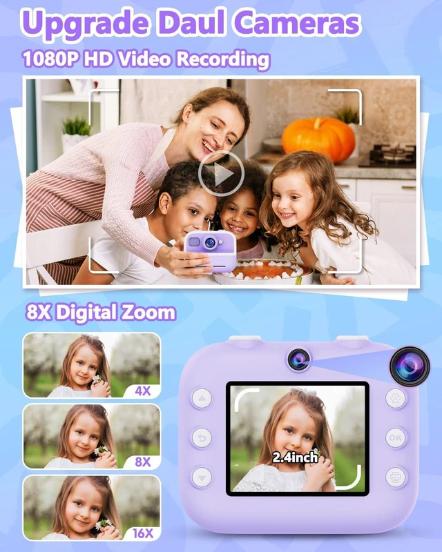 Alt view image 3 of 7 - Kids Instant Print Digital Camera - 1080P HD Dual Lens, Zero Ink Thermal Printing, 32GB SD Card Included, Portable Toy Camera, Purple
