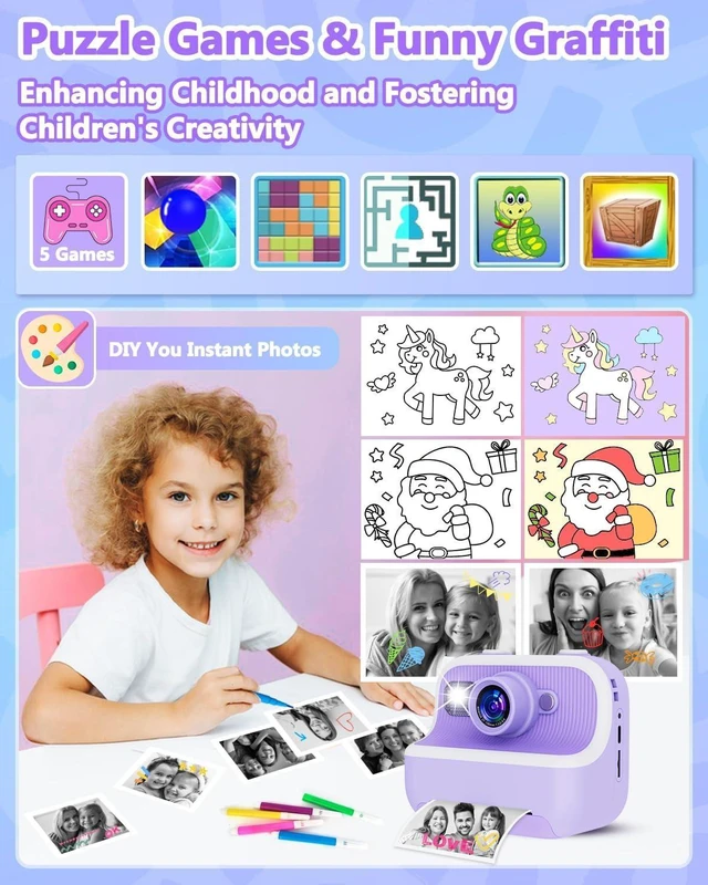 Alt view image 5 of 7 - Kids Instant Print Digital Camera - 1080P HD Dual Lens, Zero Ink Thermal Printing, 32GB SD Card Included, Portable Toy Camera, Purple