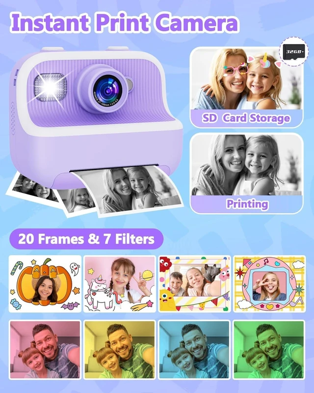 Alt view image 4 of 7 - Kids Instant Print Digital Camera - 1080P HD Dual Lens, Zero Ink Thermal Printing, 32GB SD Card Included, Portable Toy Camera, Purple