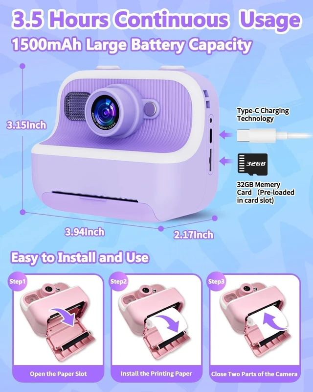 Alt view image 7 of 7 - Kids Instant Print Digital Camera - 1080P HD Dual Lens, Zero Ink Thermal Printing, 32GB SD Card Included, Portable Toy Camera, Purple