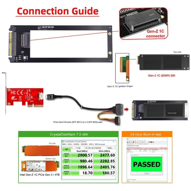 Alt view image 3 of 7 - EDSFF E1.S to U.2 SFF-8639 Host Adapter - NVMe PCIe Enterprise SSD Converter, Supports 9.5mm/15mm/25mm 1U Short Drives