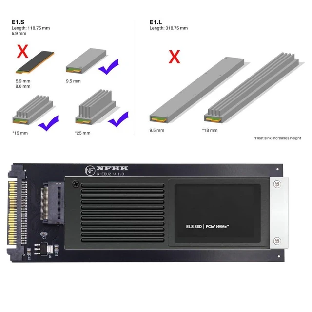 Alt view image 5 of 7 - EDSFF E1.S to U.2 SFF-8639 Host Adapter - NVMe PCIe Enterprise SSD Converter, Supports 9.5mm/15mm/25mm 1U Short Drives