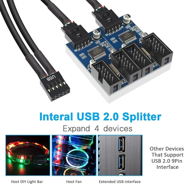 Alt view image 2 of 7 - Internal USB 2.0 Motherboard Header Splitter - 1 to 4 Port 9-Pin Hub, Port Multiplier Extension Adapter, Plug and Play for PC DIY