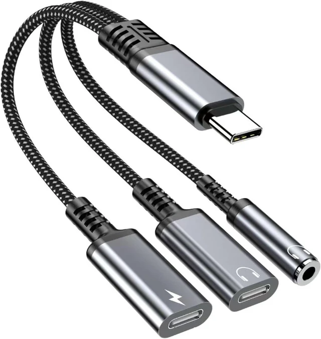 Main image of 3-in-1 USB-C to 3.5mm & Dual Type-C Audio Charger Splitter - Built-in Hi-Res DAC, 60W PD Fast Charging Dongle, for Type-C Devices, Gray