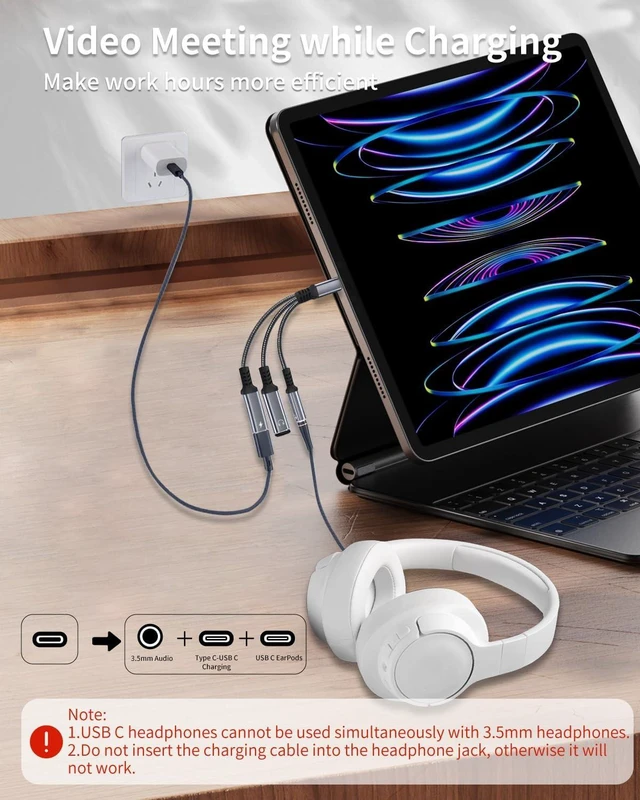 Alt view image 3 of 7 - 3-in-1 USB-C to 3.5mm & Dual Type-C Audio Charger Splitter - Built-in Hi-Res DAC, 60W PD Fast Charging Dongle, for Type-C Devices, Gray
