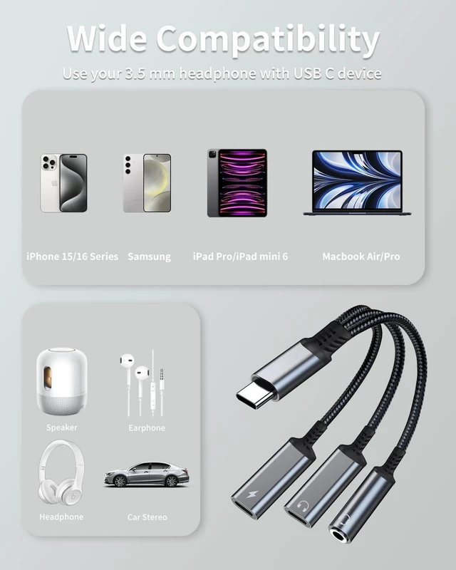 Alt view image 5 of 7 - 3-in-1 USB-C to 3.5mm & Dual Type-C Audio Charger Splitter - Built-in Hi-Res DAC, 60W PD Fast Charging Dongle, for Type-C Devices, Gray