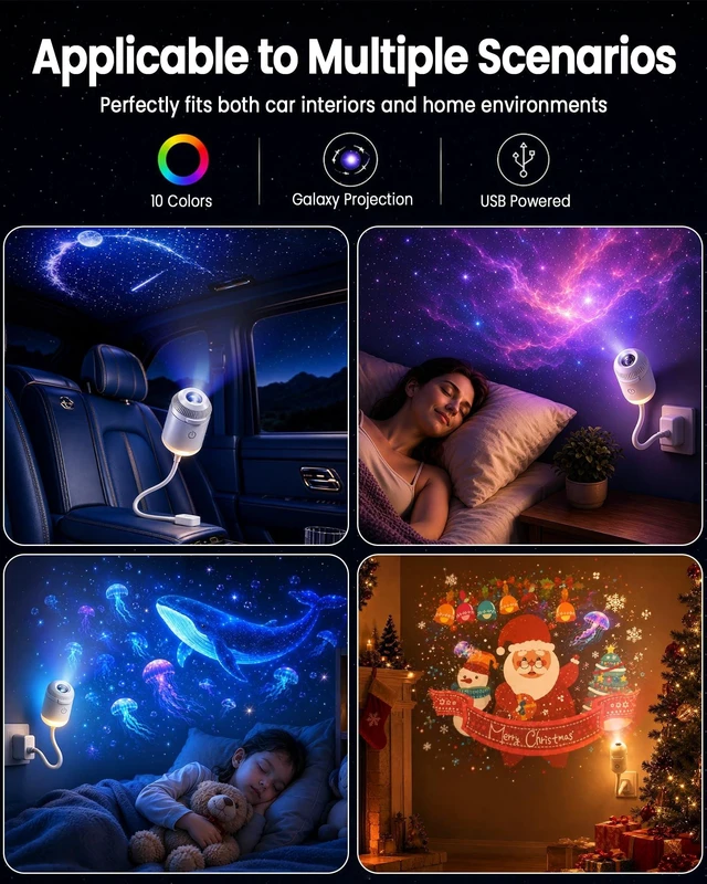 Alt view image 2 of 6 - Holographic Galaxy Projector Night Light - 2-in-1 Dynamic Nebula & Star Lamp, 360° Rotating, HD Optical Projection, USB Powered