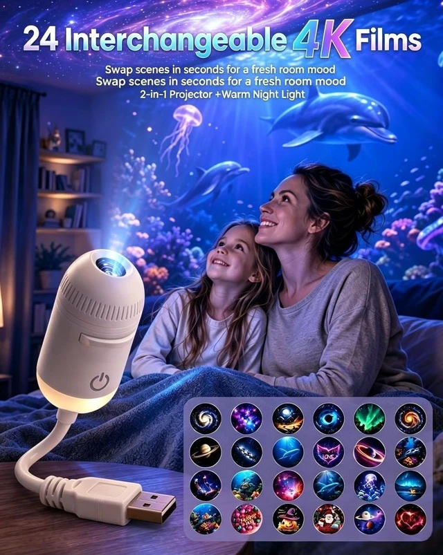 Alt view image 3 of 6 - Holographic Galaxy Projector Night Light - 2-in-1 Dynamic Nebula & Star Lamp, 360° Rotating, HD Optical Projection, USB Powered