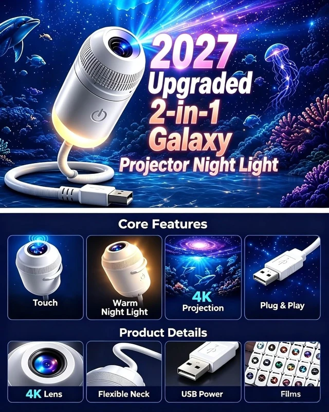 Alt view image 6 of 6 - Holographic Galaxy Projector Night Light - 2-in-1 Dynamic Nebula & Star Lamp, 360° Rotating, HD Optical Projection, USB Powered