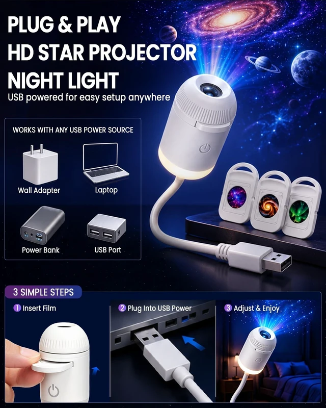 Alt view image 5 of 6 - Holographic Galaxy Projector Night Light - 2-in-1 Dynamic Nebula & Star Lamp, 360° Rotating, HD Optical Projection, USB Powered