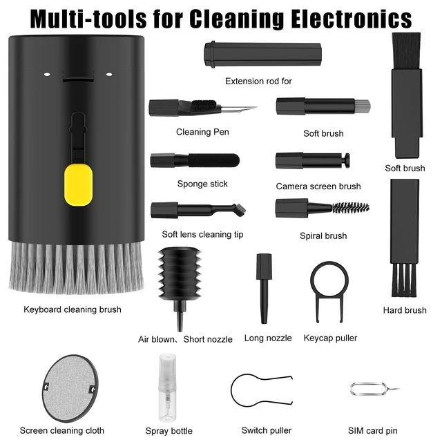 Alt view image 7 of 7 - 20-in-1 Electronic Cleaning Kit - Mechanical Keyboard Brush & Earbud Cleaning Pen, Screen Wiper Multi-Tool for PC/Laptop/Camera, Black