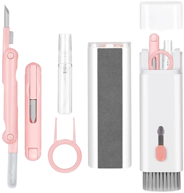 Main image of 7-in-1 Electronic Cleaning Kit - Mechanical Keyboard Brush & Keycap Puller, TWS Earbud Cleaning Pen, Screen Wiper Multi-Tool, Pink