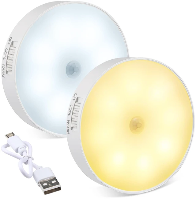 Main image of Magnetic LED Motion Sensor Light - Dual Color Temp (White & Warm), Auto-Sensing Smart Night Lamp, USB Rechargeable, 2-Pack
