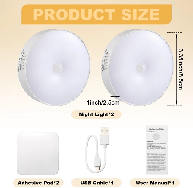 Alt view image 2 of 7 - Magnetic LED Motion Sensor Light - Dual Color Temp (White & Warm), Auto-Sensing Smart Night Lamp, USB Rechargeable, 2-Pack