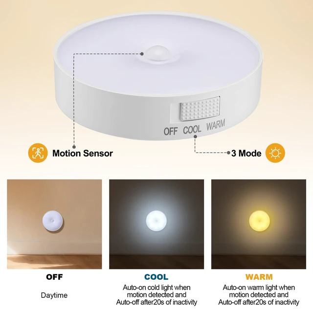 Alt view image 3 of 7 - Magnetic LED Motion Sensor Light - Dual Color Temp (White & Warm), Auto-Sensing Smart Night Lamp, USB Rechargeable, 2-Pack