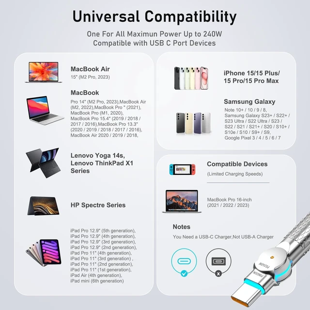 Alt view image 7 of 7 - USB-C to USB-C Cable - 240W PD 3.1 Fast Charging, 180° Rotating Connector, Nylon Braided, 10 FT (3m), Black