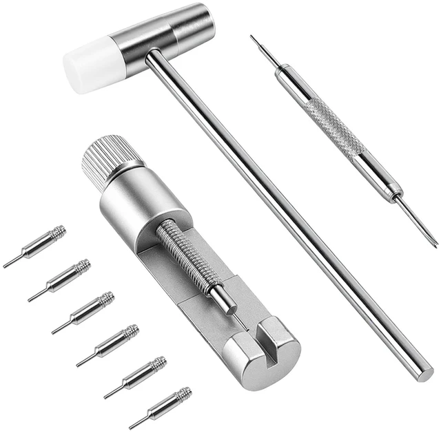 Main image of Precision Watch Band Link Removal Tool Kit - Heavy-Duty Metal Strap Adjuster, with 6 Replacement Pins & Hammer, for Smartwatch Bracelets