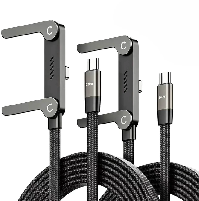 Main image of USB-C to USB-C Cable 2-Pack - 240W PD 3.1 Fast Charging, 90-Degree Right Angle with Invisible Kickstand, Flat Cord, 5 Ft (1.5m), Black