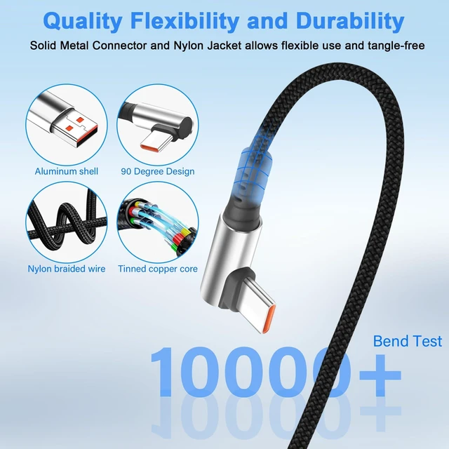 Alt view image 5 of 7 - Short USB-A to USB-C Cable - Dual 90-Degree Right Angle, 6A Fast Charging & Data Sync, for Power Bank & Car Console, 9.8 Inch (25cm)