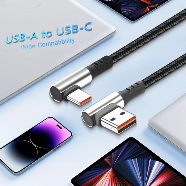 Alt view image 6 of 7 - Short USB-A to USB-C Cable - Dual 90-Degree Right Angle, 6A Fast Charging & Data Sync, for Power Bank & Car Console, 9.8 Inch (25cm)