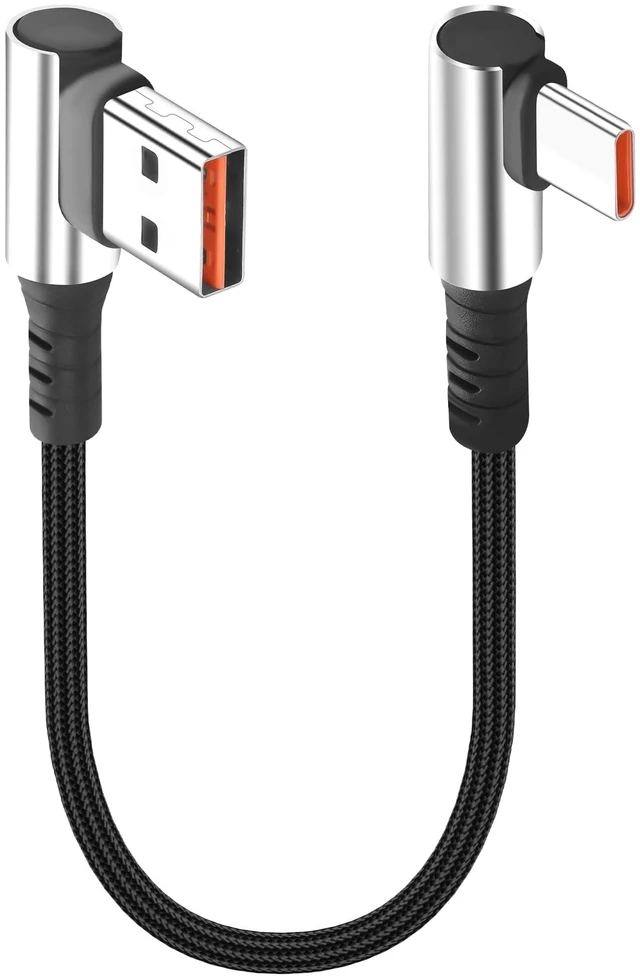 Main image of Short USB-A to USB-C Cable - Dual 90-Degree Right Angle, 6A Fast Charging & Data Sync, for Power Bank & Car Console, 9.8 Inch (25cm)