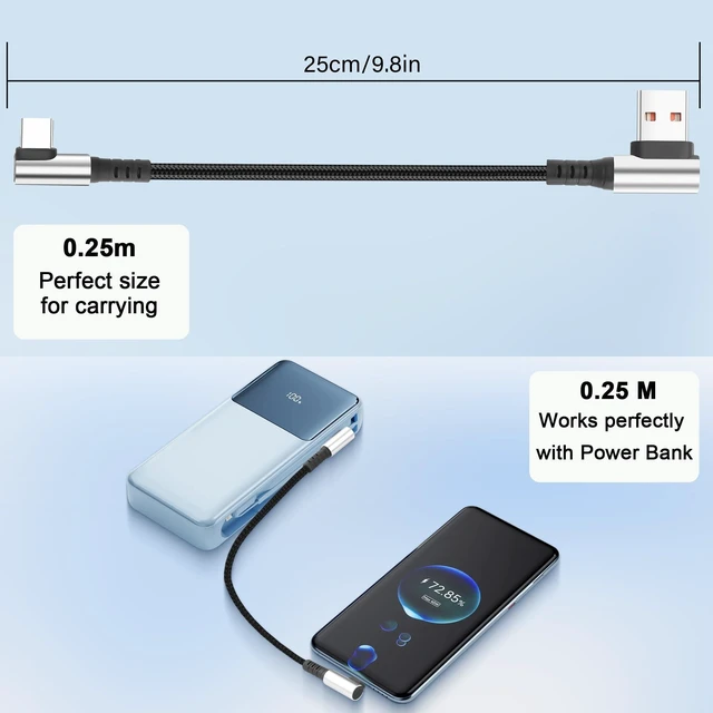 Alt view image 7 of 7 - Short USB-A to USB-C Cable - Dual 90-Degree Right Angle, 6A Fast Charging & Data Sync, for Power Bank & Car Console, 9.8 Inch (25cm)