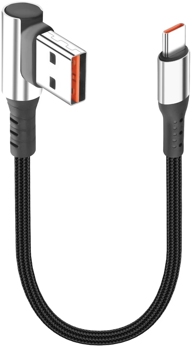 Main image of Short USB-A to USB-C Cable - 90-Degree Right Angle Connectors, 6A Fast Charging & Data Sync, for Power Bank & Car Console, 9.8 Inch (25cm)