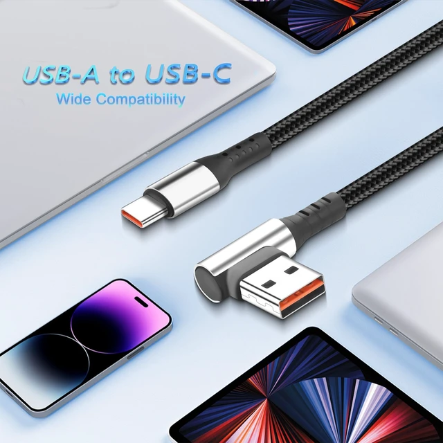 Alt view image 6 of 7 - Short USB-A to USB-C Cable - 90-Degree Right Angle Connectors, 6A Fast Charging & Data Sync, for Power Bank & Car Console, 9.8 Inch (25cm)