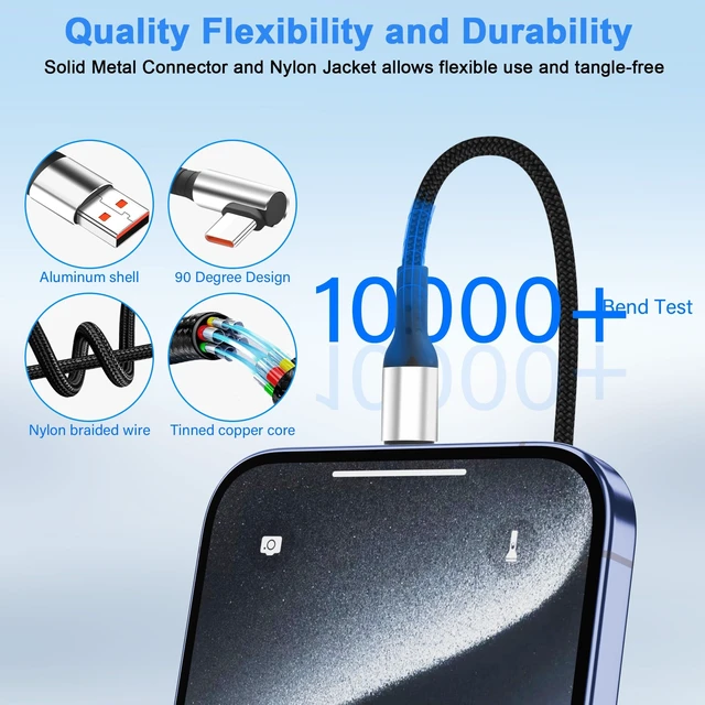 Alt view image 5 of 7 - Short USB-A to USB-C Cable - 90-Degree Right Angle Connectors, 6A Fast Charging & Data Sync, for Power Bank & Car Console, 9.8 Inch (25cm)