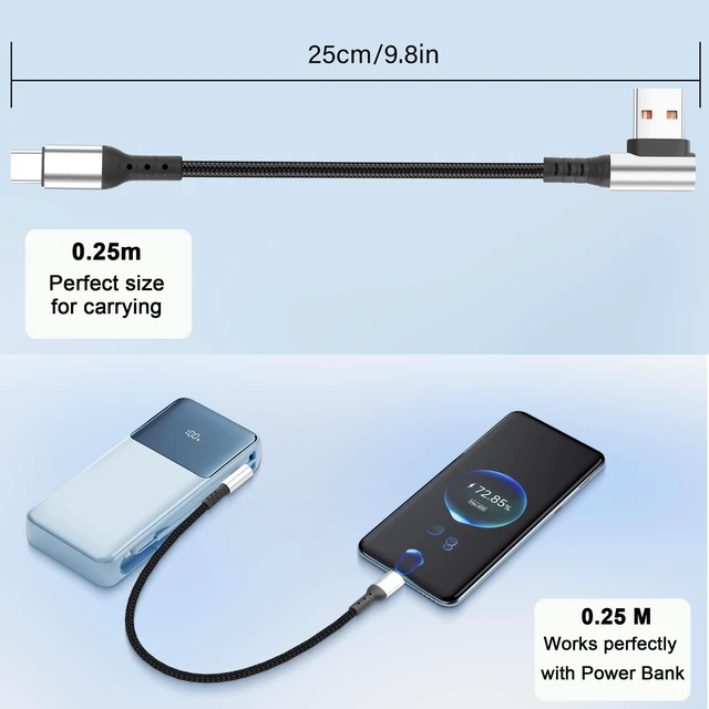 Alt view image 7 of 7 - Short USB-A to USB-C Cable - 90-Degree Right Angle Connectors, 6A Fast Charging & Data Sync, for Power Bank & Car Console, 9.8 Inch (25cm)
