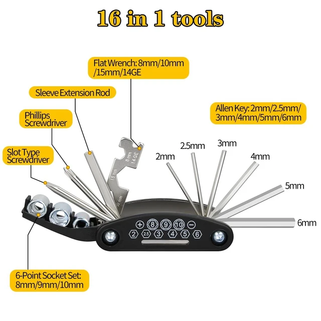 Alt view image 2 of 7 - 16-in-1 Bicycle Multi-Tool, Portable Folding Bike Repair Kit with Hex Key Allen Wrenches (2-6mm), Socket Screwdrivers, Heavy-Duty Carbon Steel for Road & MTB Cycling Emergency Maintenance