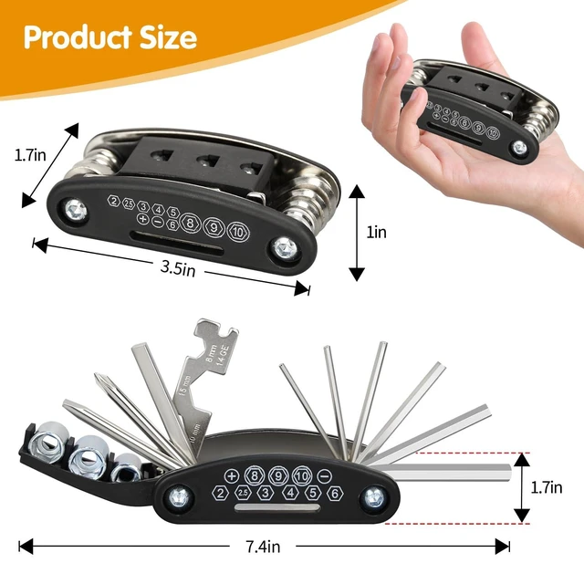 Alt view image 6 of 7 - 16-in-1 Bicycle Multi-Tool, Portable Folding Bike Repair Kit with Hex Key Allen Wrenches (2-6mm), Socket Screwdrivers, Heavy-Duty Carbon Steel for Road & MTB Cycling Emergency Maintenance