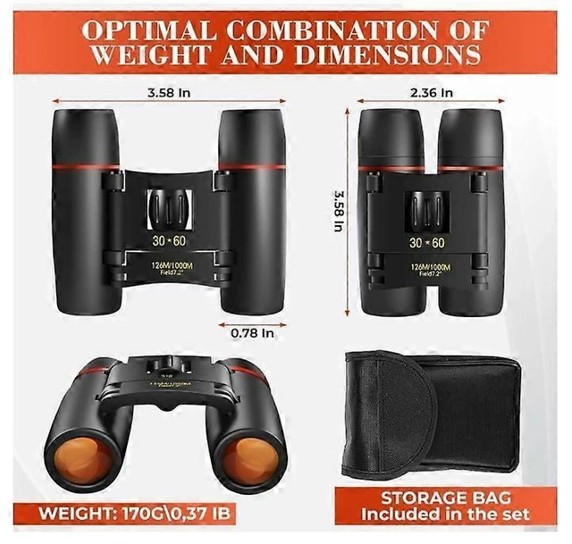 Alt view image 4 of 5 - 30x60 Compact Binoculars High Power Zoom Optics Portable Folding Field Glasses Clear Vision Telescope Dual Lens Magnification Instrument Pocket Size Device For Bird Watching Travel Sightseeing Black