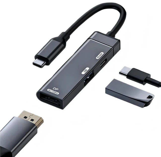 Main image of 3-in-1 USB-C to DisplayPort Adapter Hub, 4K@120Hz (DP 1.4), USB 3.2 Gen 2 10Gbps Data Port, 60W USB-C PD Charging, Aluminum Multiport Dongle for Thunderbolt 4/3, Laptops & PC
