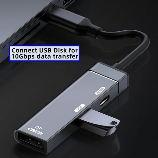 Alt view image 5 of 7 - 3-in-1 USB-C to DisplayPort Adapter Hub, 4K@120Hz (DP 1.4), USB 3.2 Gen 2 10Gbps Data Port, 60W USB-C PD Charging, Aluminum Multiport Dongle for Thunderbolt 4/3, Laptops & PC