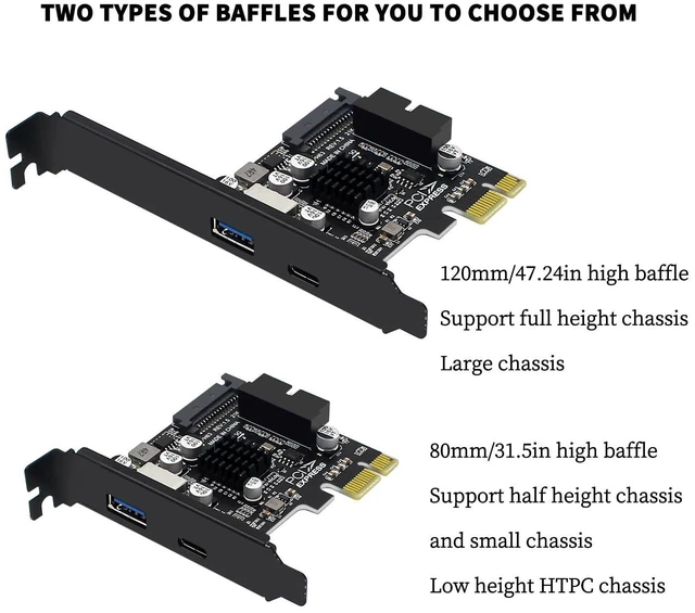 Alt view image 2 of 7 - PH63C PCIe X1 Expansion Card To USB 3 0 A USB C Type E 19 20 Pin Internal Adapter With SATA 15 Pin Power Aluminum Heatsink For Desktop PC Upgrade Windows Linux MacOS Half Height Baffle